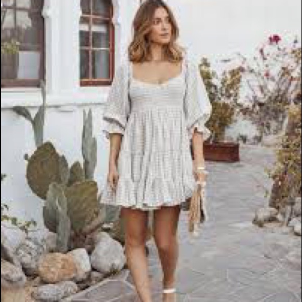 Vici Anza Taupe Gingham Smocked Babydoll Dress - M